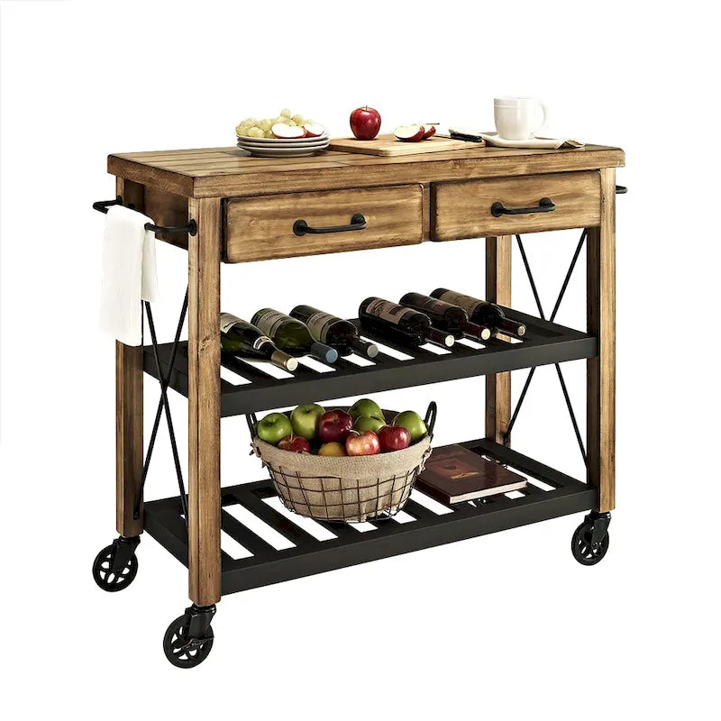 Carrello da cucina in legno massello Roots con ripiani e ruote