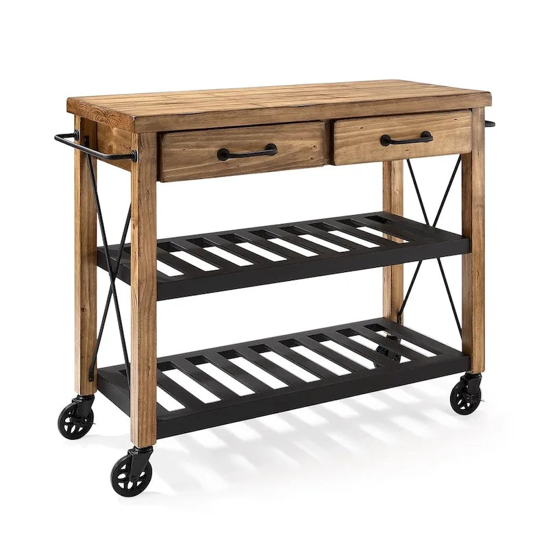 Carrello da cucina in legno massello Roots con ripiani e ruote