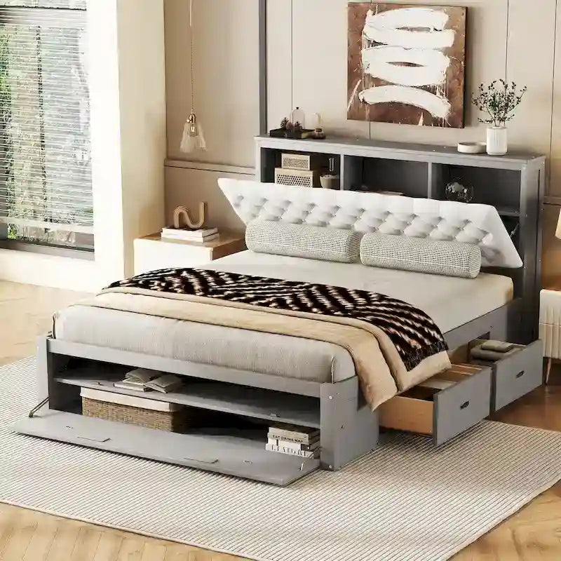 Letto a piattaforma con testiera contenitore, scarpiera e 4 cassetti