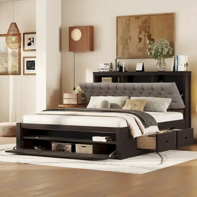 Letto a piattaforma con testiera contenitore, scarpiera e 4 cassetti