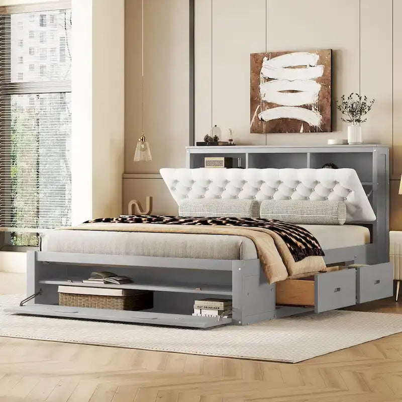 Letto a piattaforma con testiera contenitore, scarpiera e 4 cassetti
