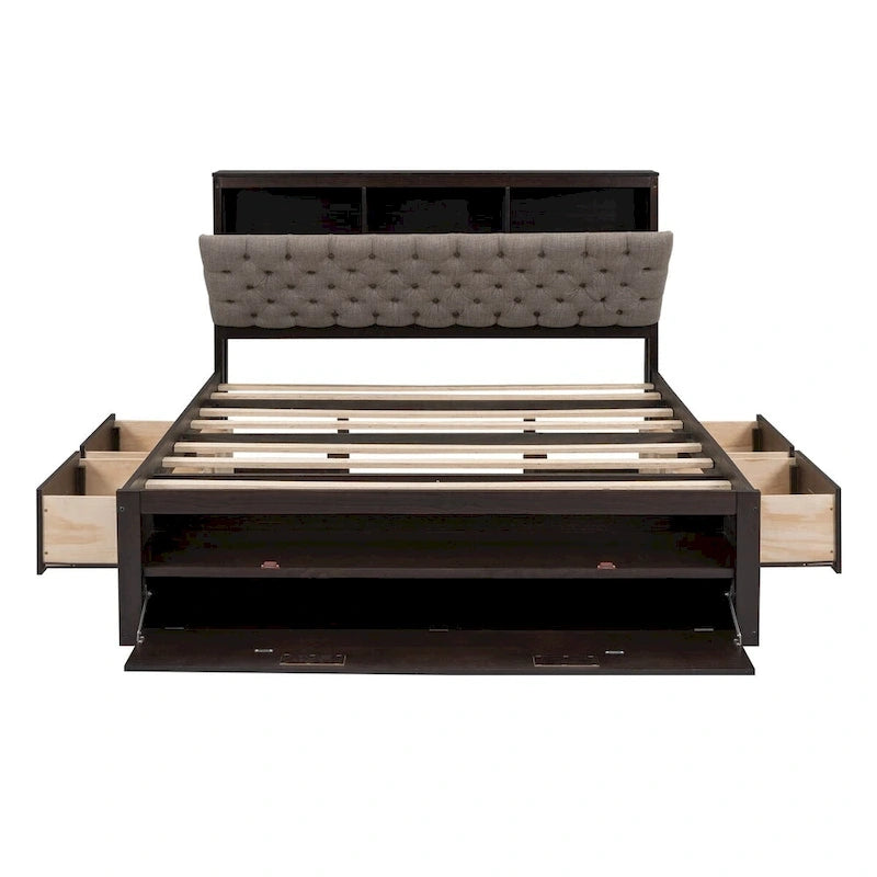 Letto a piattaforma con testiera contenitore, scarpiera e 4 cassetti