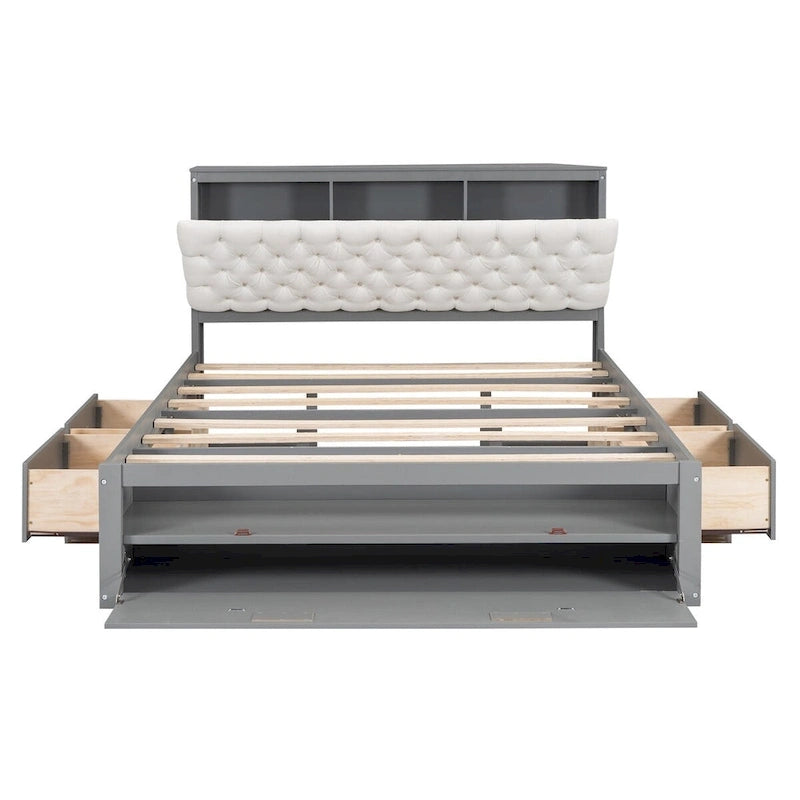 Letto a piattaforma con testiera contenitore, scarpiera e 4 cassetti