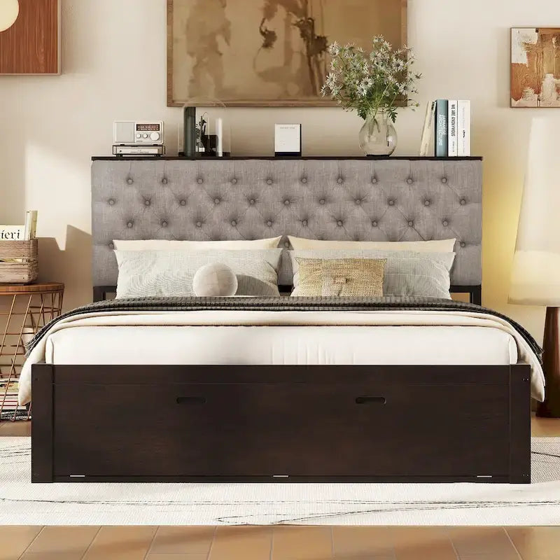 Letto a piattaforma con testiera contenitore, scarpiera e 4 cassetti