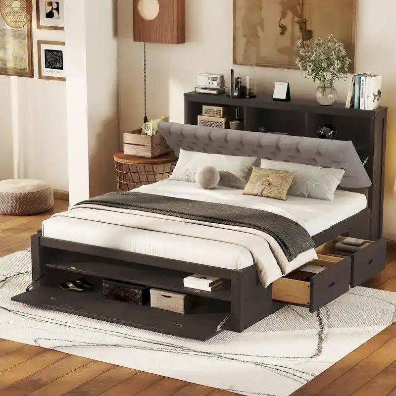 Letto a piattaforma con testiera contenitore, scarpiera e 4 cassetti