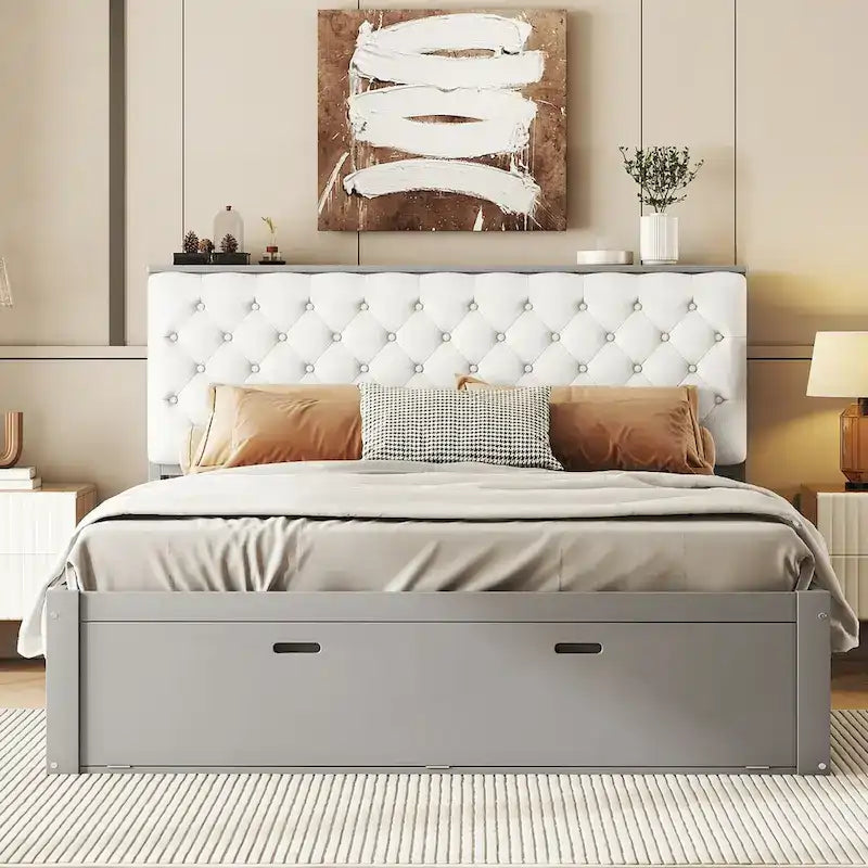 Letto a piattaforma con testiera contenitore, scarpiera e 4 cassetti