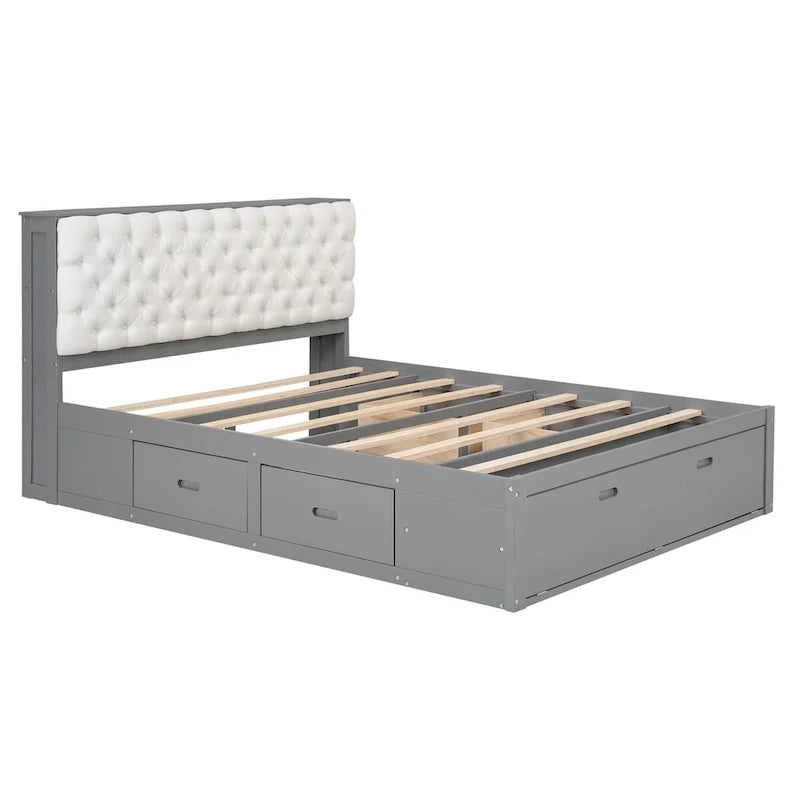 Letto a piattaforma con testiera contenitore, scarpiera e 4 cassetti