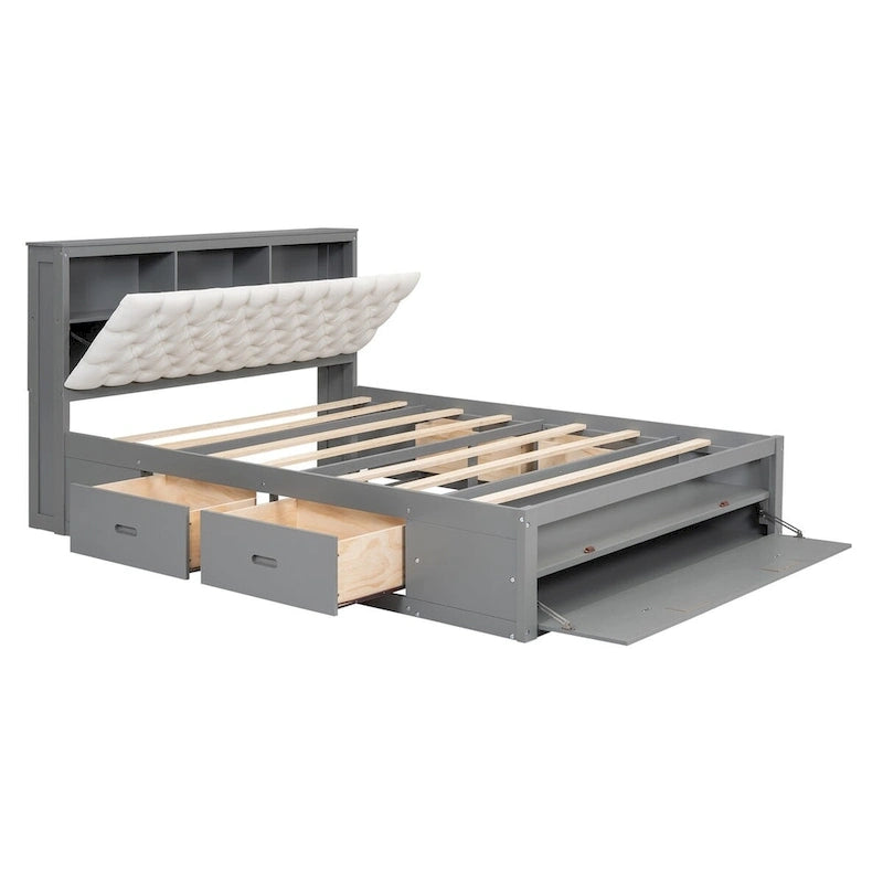 Letto a piattaforma con testiera contenitore, scarpiera e 4 cassetti