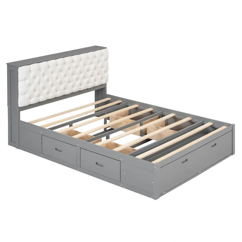 Letto a piattaforma con testiera contenitore, scarpiera e 4 cassetti