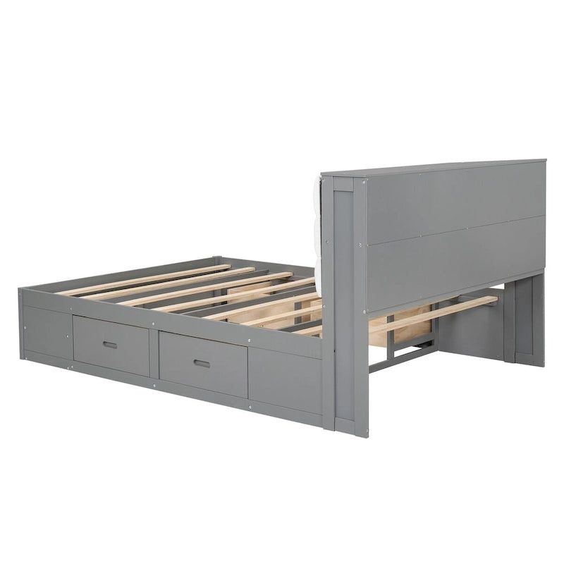 Letto a piattaforma con testiera contenitore, scarpiera e 4 cassetti