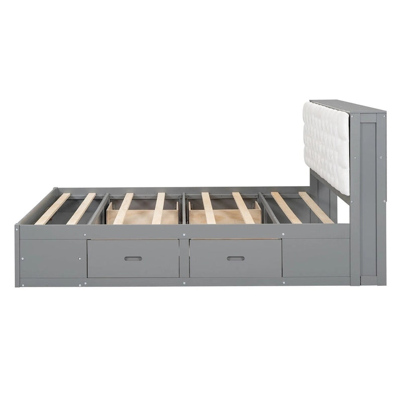 Letto a piattaforma con testiera contenitore, scarpiera e 4 cassetti