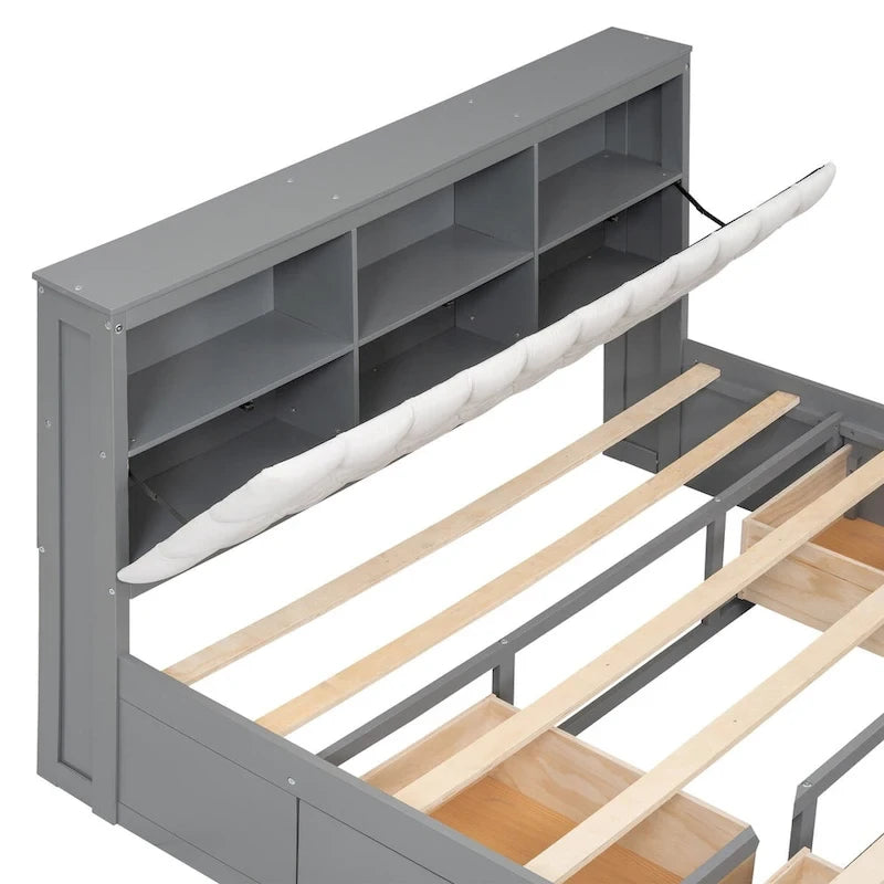 Letto a piattaforma con testiera contenitore, scarpiera e 4 cassetti