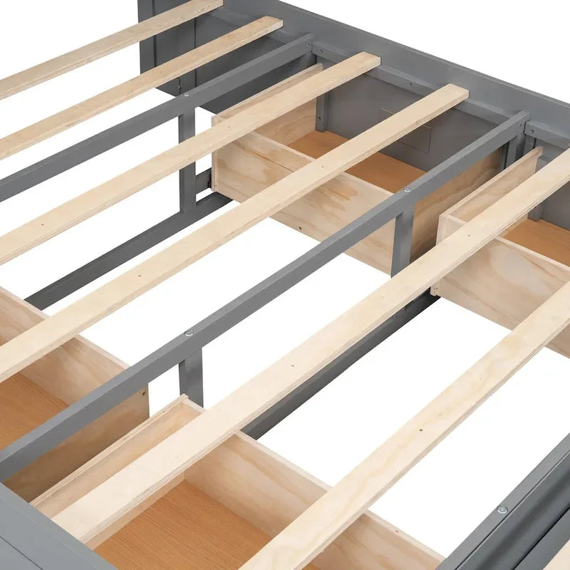 Letto a piattaforma con testiera contenitore, scarpiera e 4 cassetti