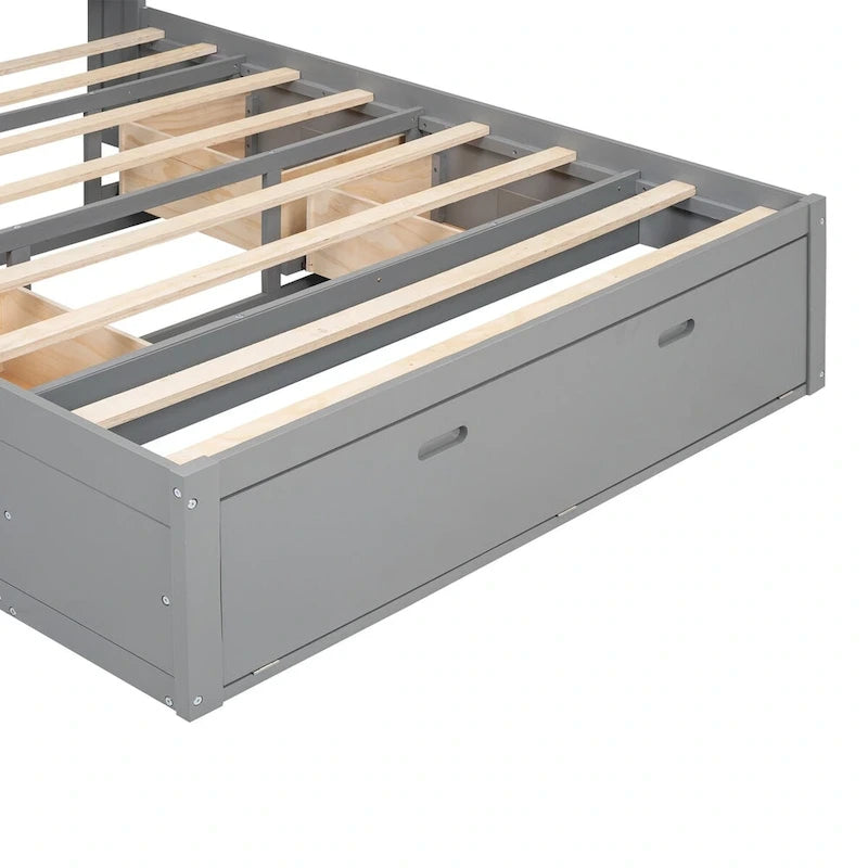 Letto a piattaforma con testiera contenitore, scarpiera e 4 cassetti