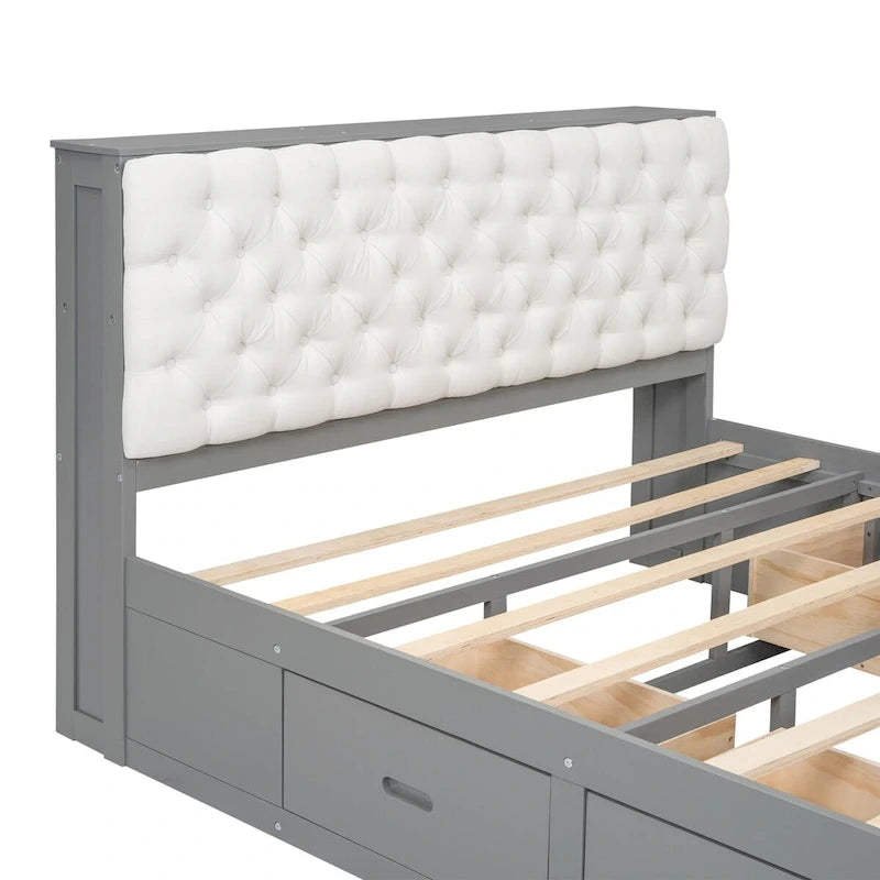 Letto a piattaforma con testiera contenitore, scarpiera e 4 cassetti