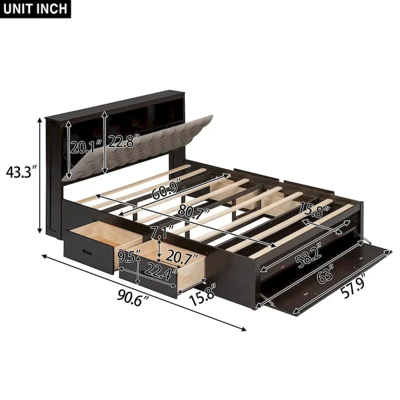 Letto a piattaforma con testiera contenitore, scarpiera e 4 cassetti