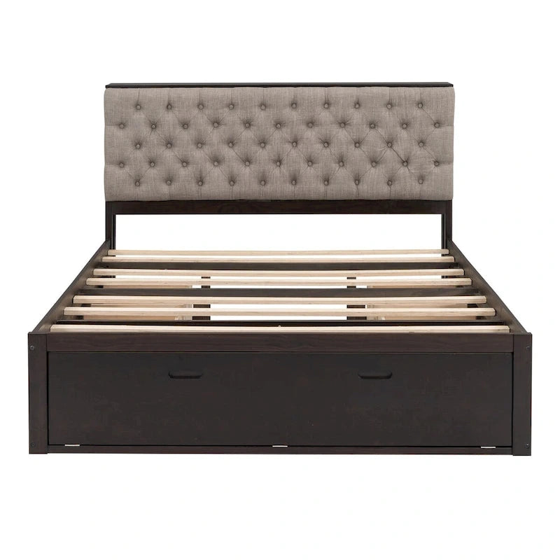 Letto a piattaforma con testiera contenitore, scarpiera e 4 cassetti