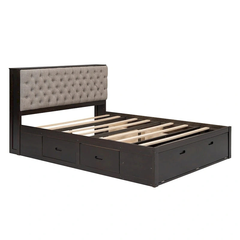 Letto a piattaforma con testiera contenitore, scarpiera e 4 cassetti