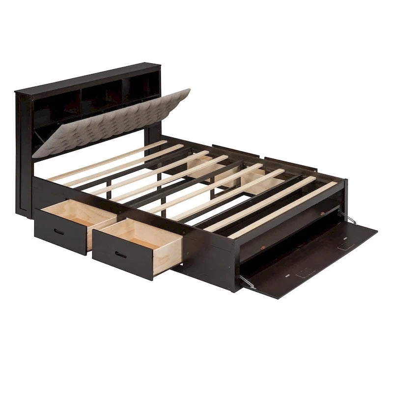 Letto a piattaforma con testiera contenitore, scarpiera e 4 cassetti
