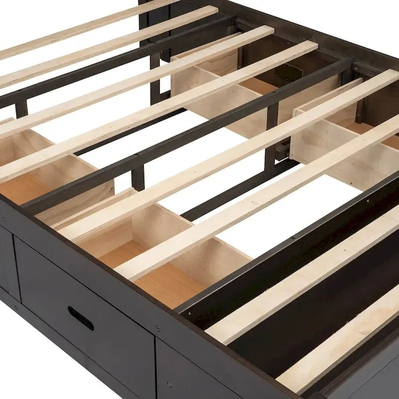 Letto a piattaforma con testiera contenitore, scarpiera e 4 cassetti