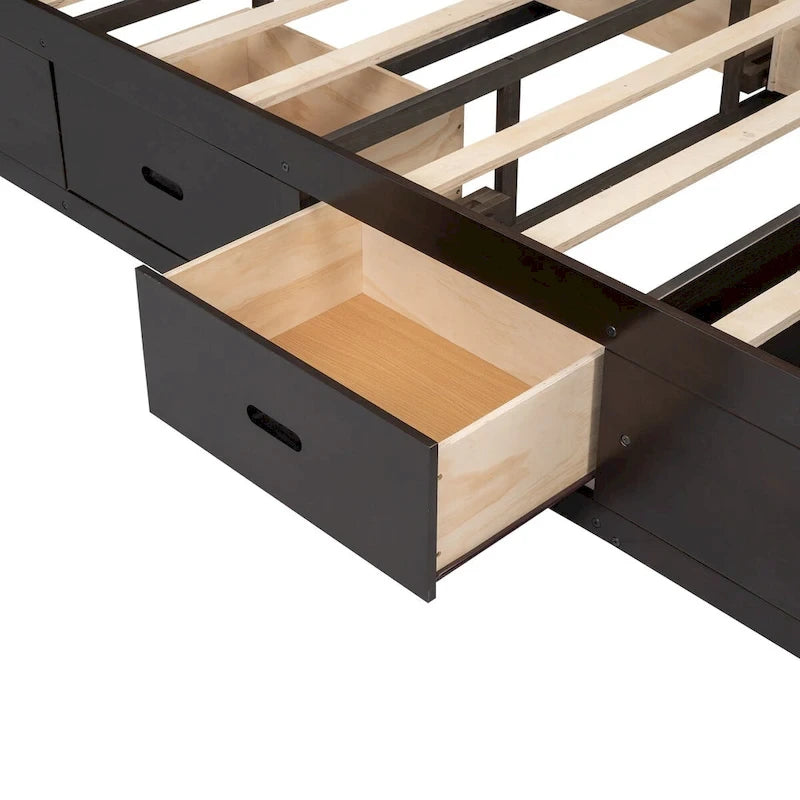 Letto a piattaforma con testiera contenitore, scarpiera e 4 cassetti