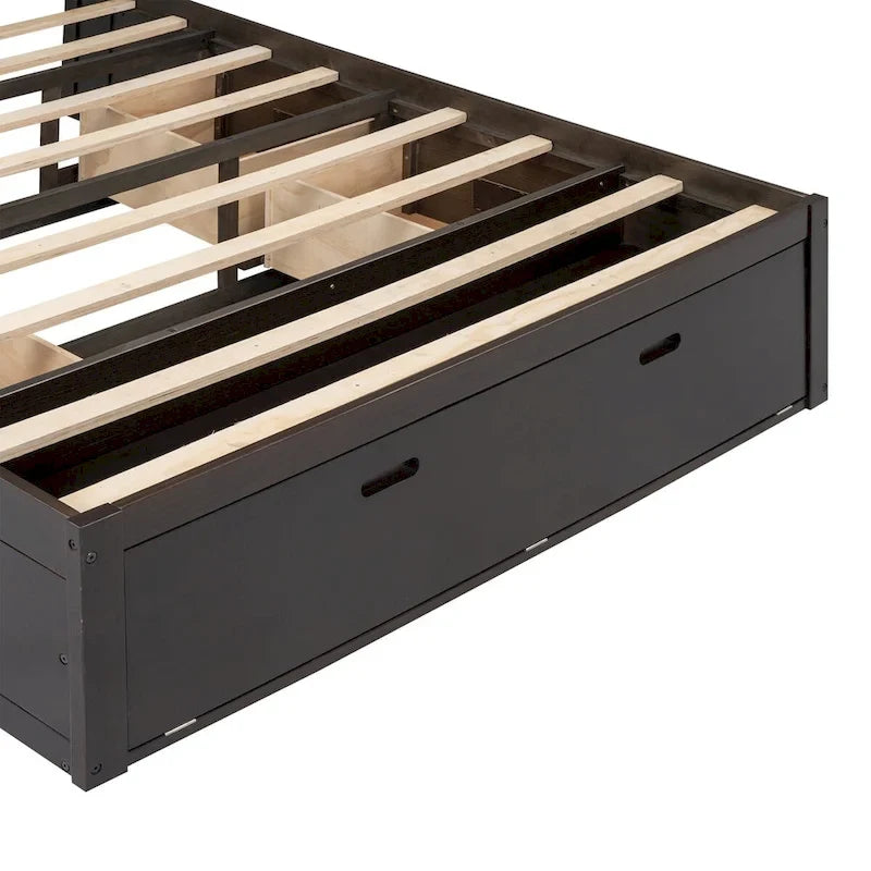 Letto a piattaforma con testiera contenitore, scarpiera e 4 cassetti