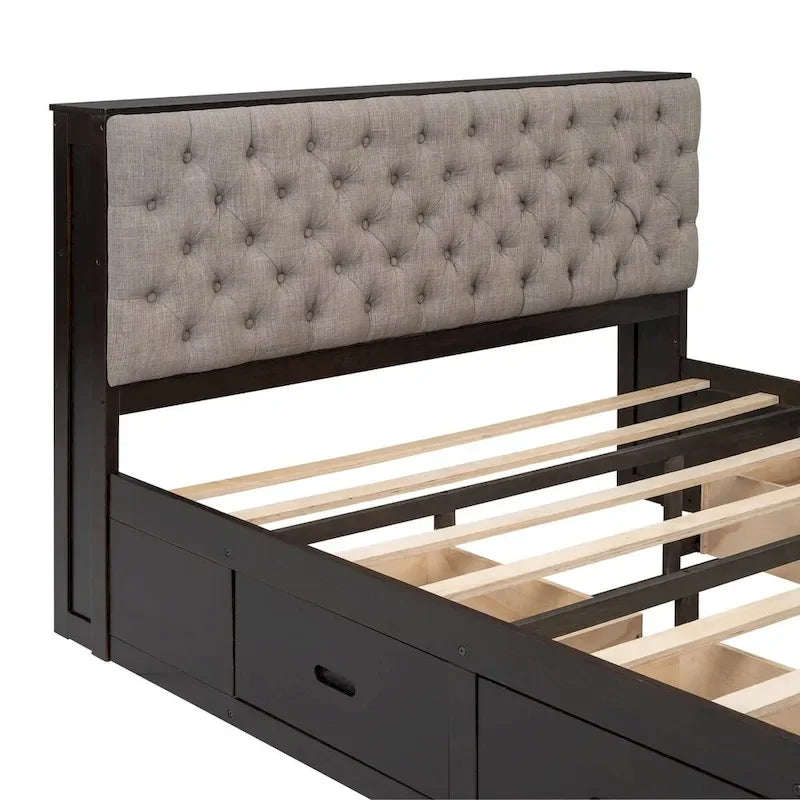 Letto a piattaforma con testiera contenitore, scarpiera e 4 cassetti
