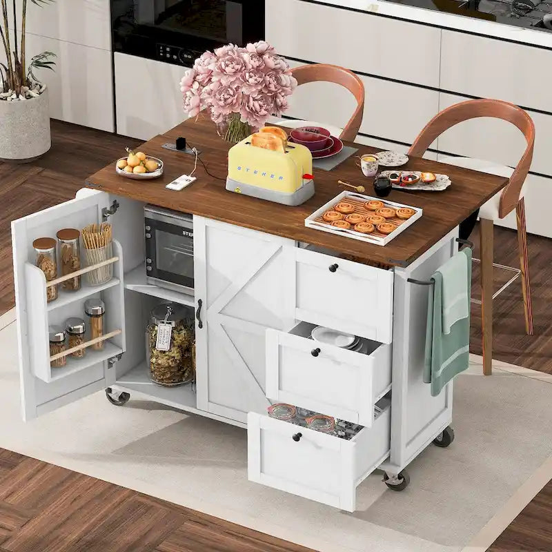 Isola Cucina da 138 cm Stile Rustico con Contenitore e Posti a Sedere