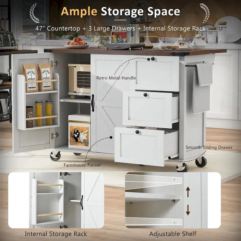 Isola Cucina da 138 cm Stile Rustico con Contenitore e Posti a Sedere