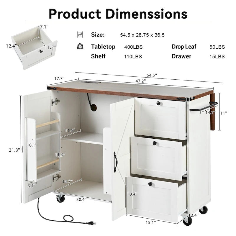 Isola Cucina da 138 cm Stile Rustico con Contenitore e Posti a Sedere