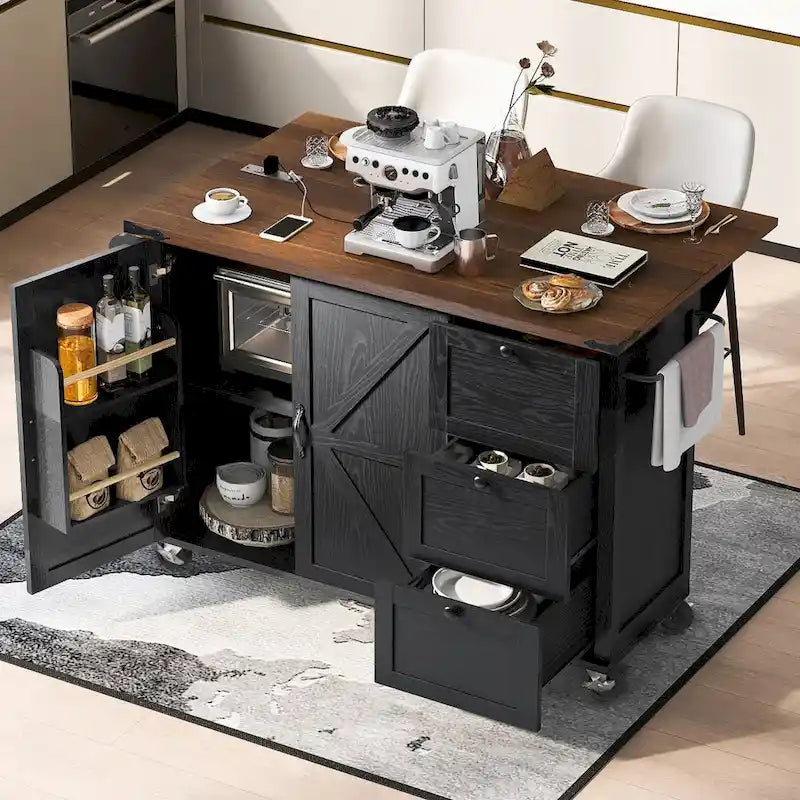 Isola Cucina da 138 cm Stile Rustico con Contenitore e Posti a Sedere