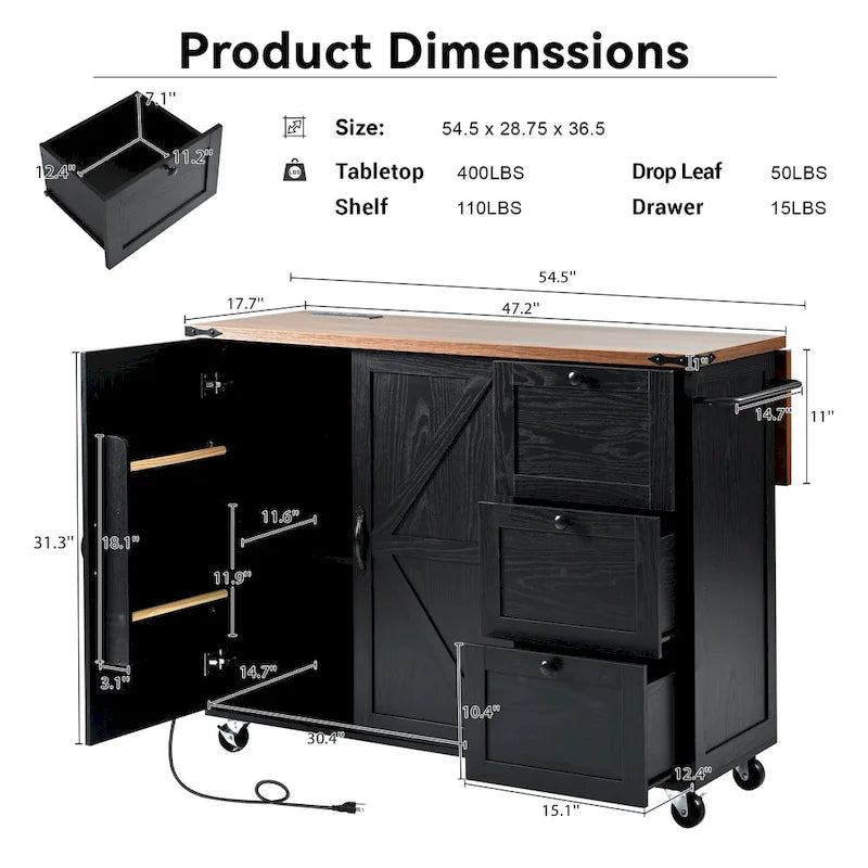 Isola Cucina da 138 cm Stile Rustico con Contenitore e Posti a Sedere