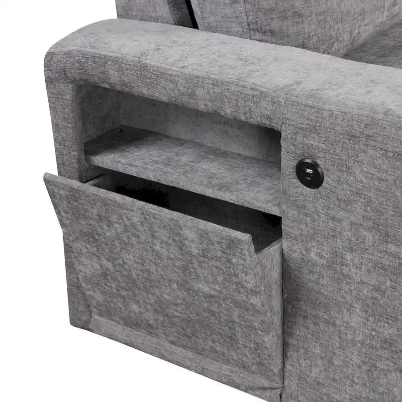 Divano modulare imbottito a L con spazio contenitore, porte USB e portabicchieri sui braccioli, adatto per