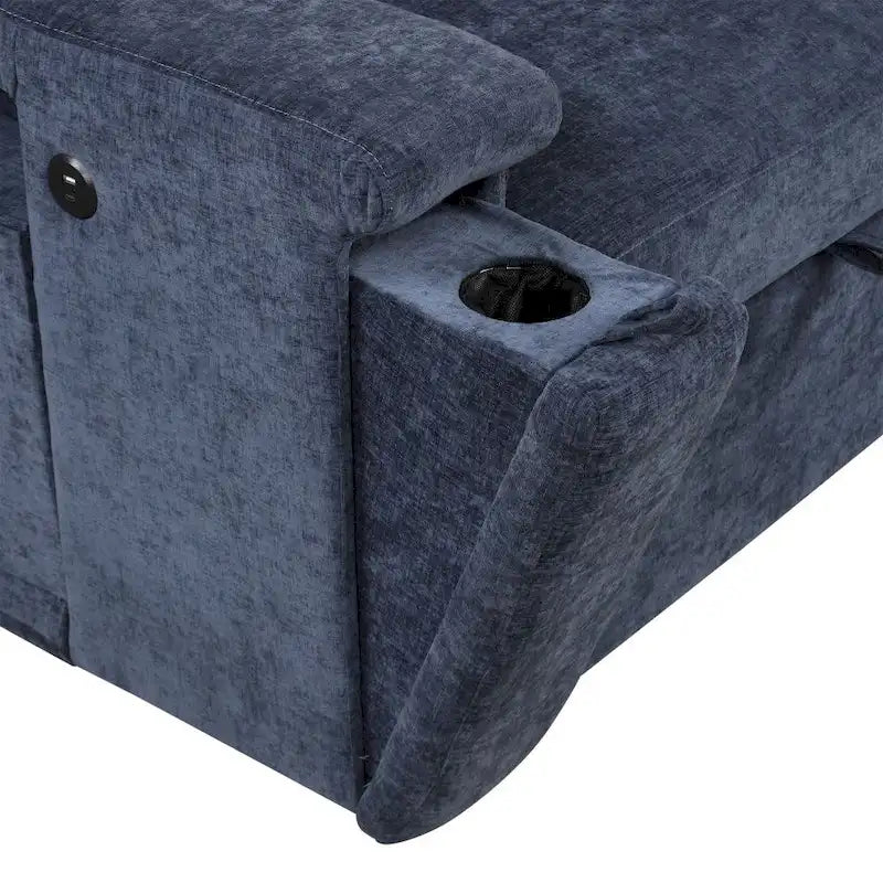 Divano modulare imbottito a L con spazio contenitore, porte USB e portabicchieri sui braccioli, adatto per