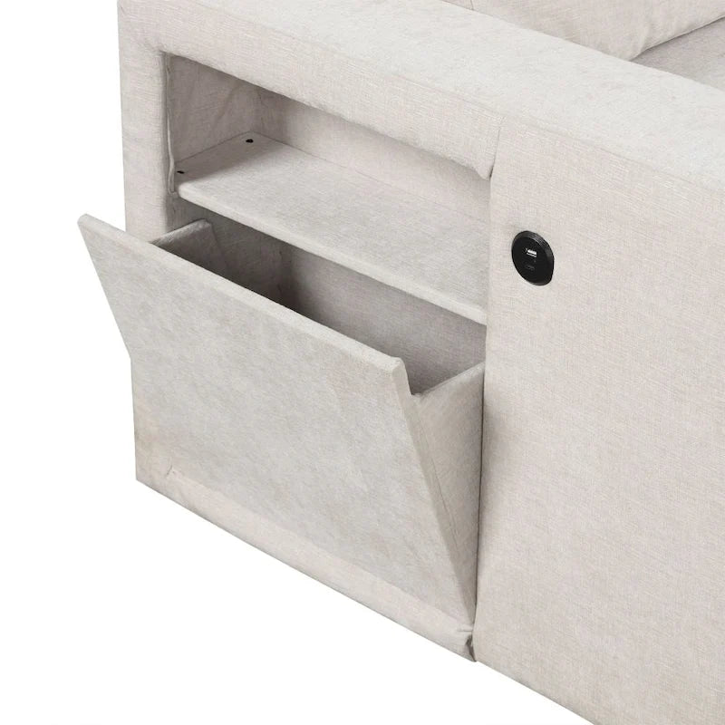 Divano modulare imbottito a L con spazio contenitore, porte USB e portabicchieri sui braccioli, adatto per